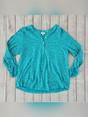 Style & Co. Teal Dot Button-Front Henley Blouse